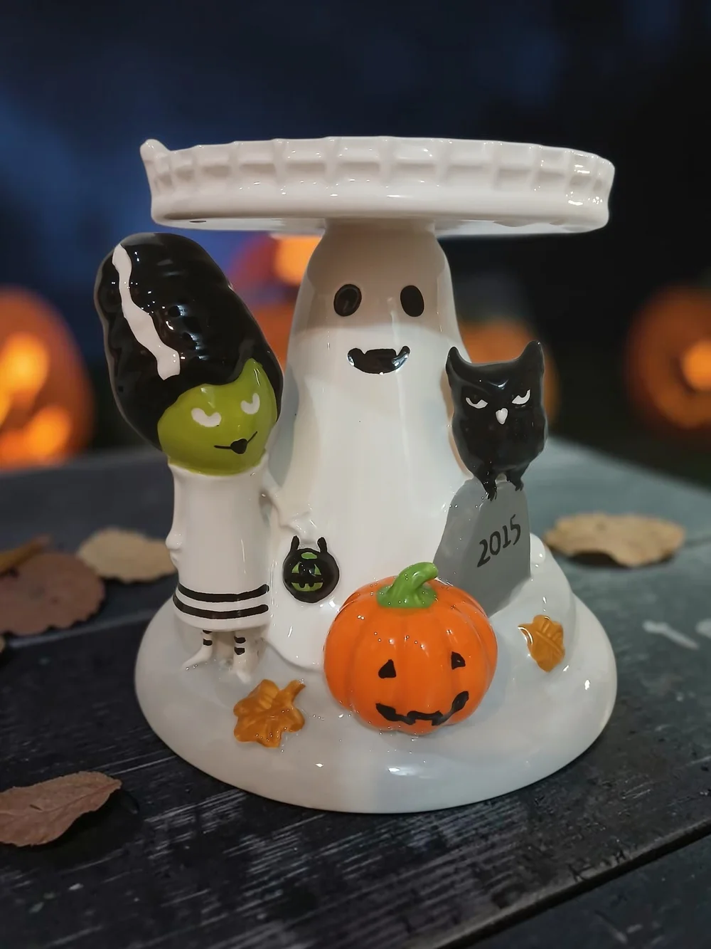 Halloween Ceramic Candle Holder - White with Orange & Black Accents